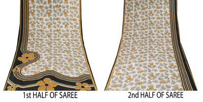 Sanskriti Vintage Saree Cream-Black Pure Crepe Floral Printed Sari 5.5+Yd Fabric