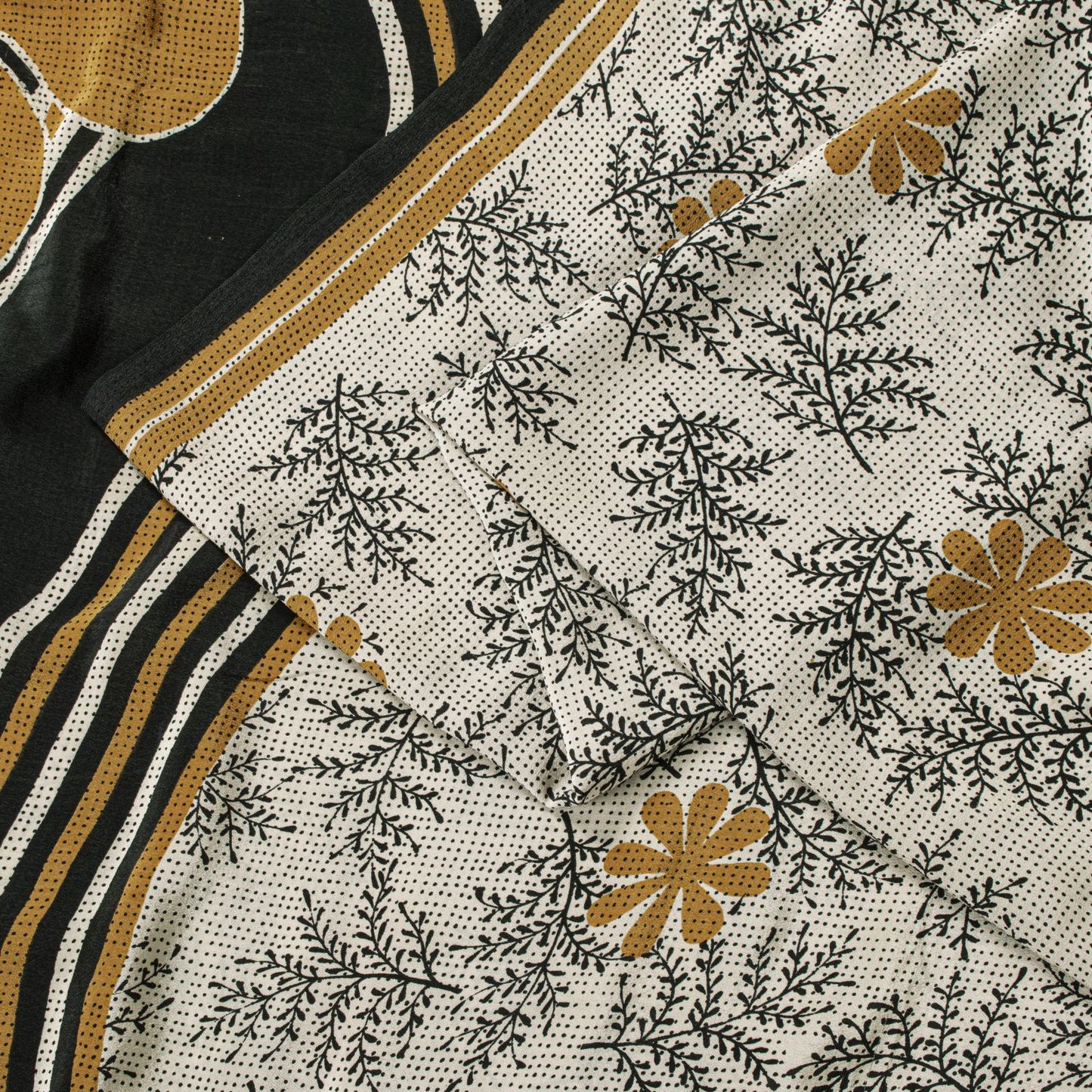 Sanskriti Vintage Saree Cream-Black Pure Crepe Floral Printed Sari 5.5+Yd Fabric