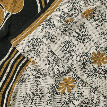 Sanskriti Vintage Saree Cream-Black Pure Crepe Floral Printed Sari 5.5+Yd Fabric