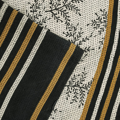 Sanskriti Vintage Saree Cream-Black Pure Crepe Floral Printed Sari 5.5+Yd Fabric