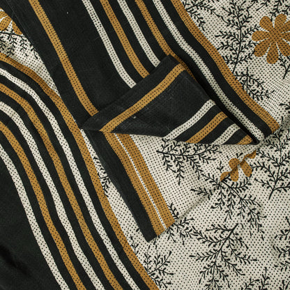 Sanskriti Vintage Saree Cream-Black Pure Crepe Floral Printed Sari 5.5+Yd Fabric