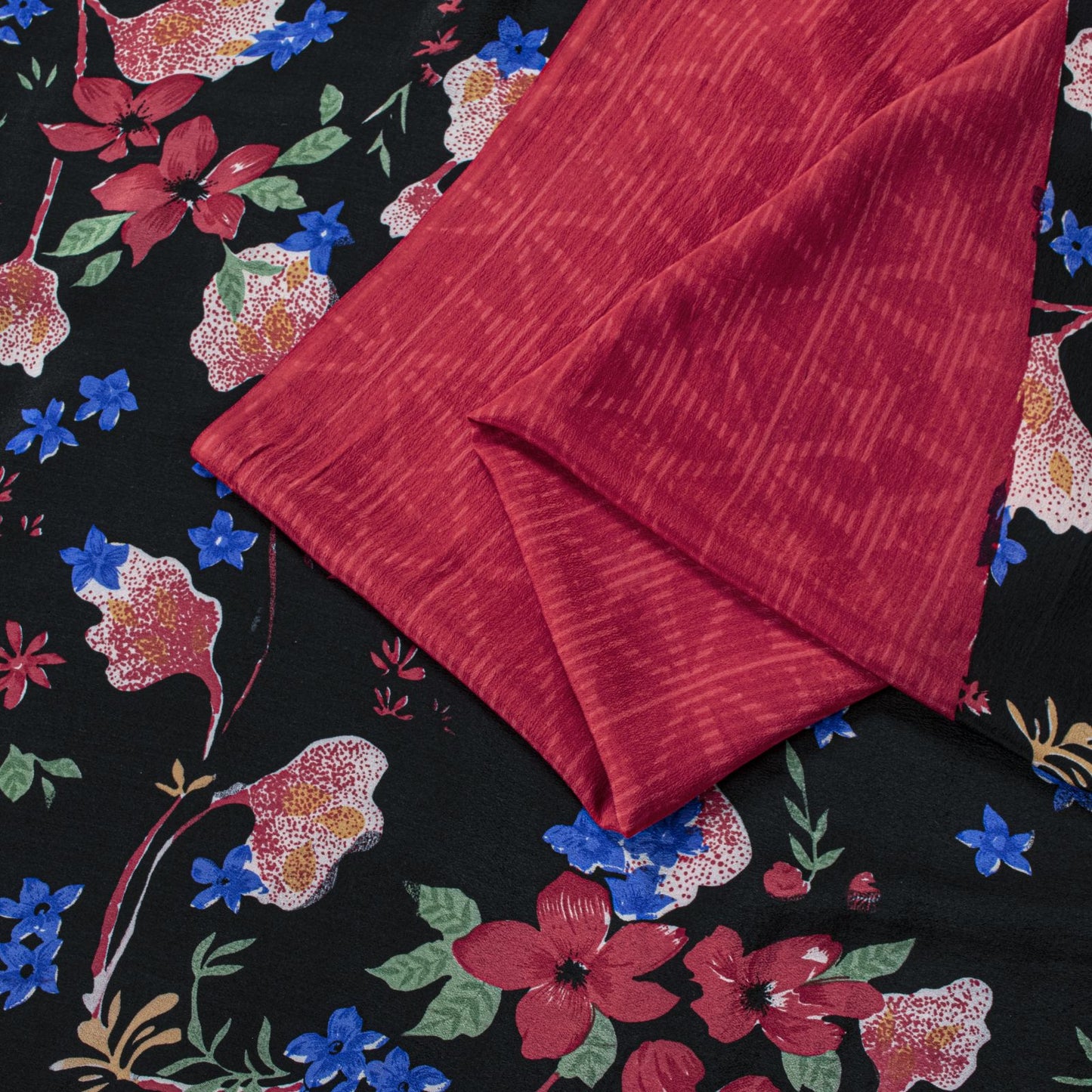 Sanskriti Vintage Saree Black-Red Pure Crepe Floral Digital Printed Sari 5.5+Yd