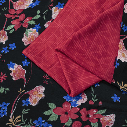 Sanskriti Vintage Saree Black-Red Pure Crepe Floral Digital Printed Sari 5.5+Yd