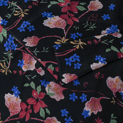 Sanskriti Vintage Saree Black-Red Pure Crepe Floral Digital Printed Sari 5.5+Yd