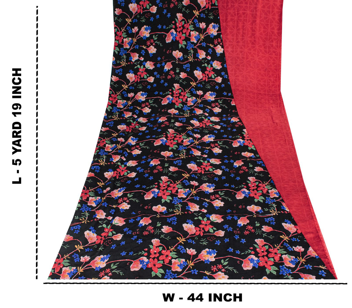 Sanskriti Vintage Saree Black-Red Pure Crepe Floral Digital Printed Sari 5.5+Yd