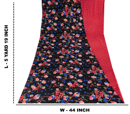 Sanskriti Vintage Saree Black-Red Pure Crepe Floral Digital Printed Sari 5.5+Yd