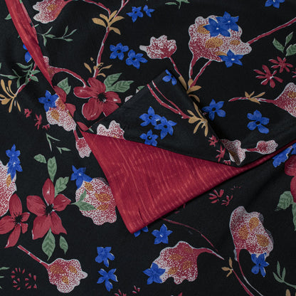 Sanskriti Vintage Saree Black-Red Pure Crepe Floral Digital Printed Sari 5.5+Yd