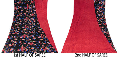 Sanskriti Vintage Saree Black-Red Pure Crepe Floral Digital Printed Sari 5.5+Yd