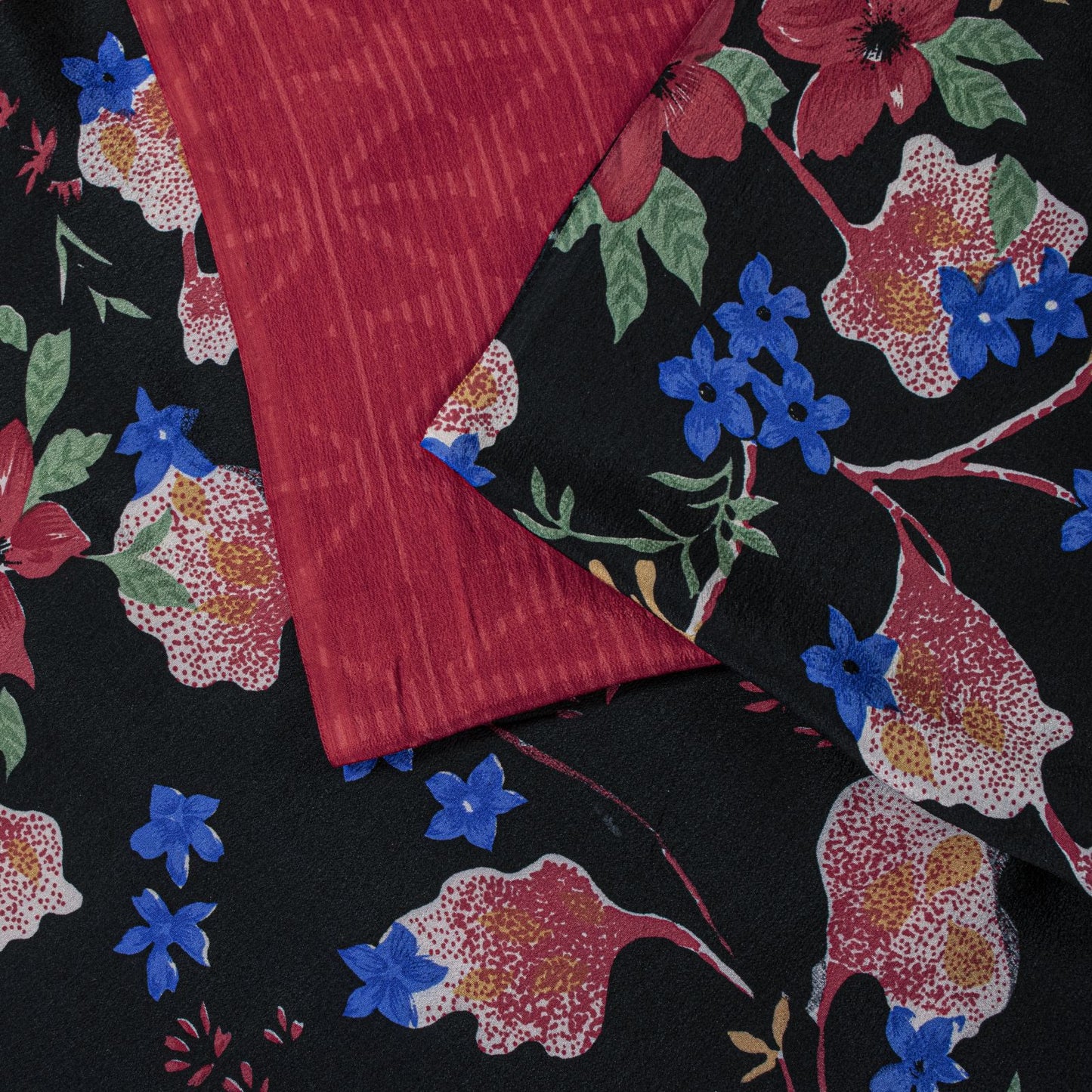 Sanskriti Vintage Saree Black-Red Pure Crepe Floral Digital Printed Sari 5.5+Yd