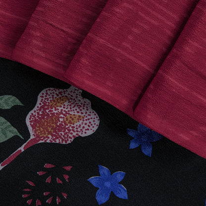 Sanskriti Vintage Saree Black-Red Pure Crepe Floral Digital Printed Sari 5.5+Yd