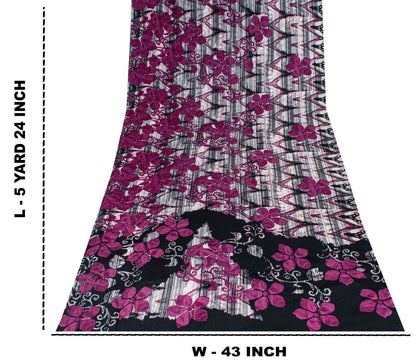 Sanskriti Vintage Saree Purple Pure Crepe Silk Floral Screen Printed Sari 5.5+Yd
