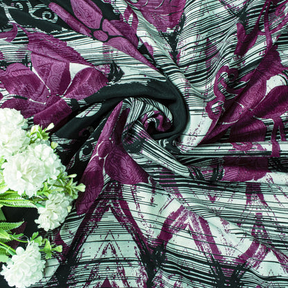 Sanskriti Vintage Saree Purple Pure Crepe Silk Floral Screen Printed Sari 5.5+Yd