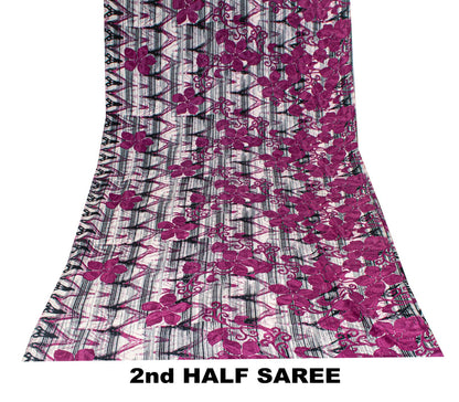 Sanskriti Vintage Saree Purple Pure Crepe Silk Floral Screen Printed Sari 5.5+Yd