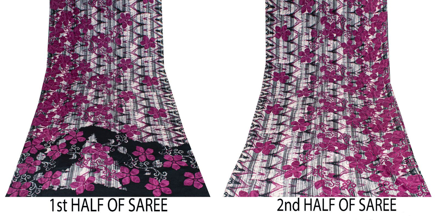 Sanskriti Vintage Saree Purple Pure Crepe Silk Floral Screen Printed Sari 5.5+Yd