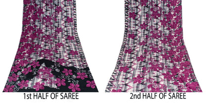 Sanskriti Vintage Saree Purple Pure Crepe Silk Floral Screen Printed Sari 5.5+Yd