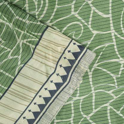 Sanskriti Vintage Saree Green Pure Crepe Silk Abstract Print Sari 6 Yd Fabric