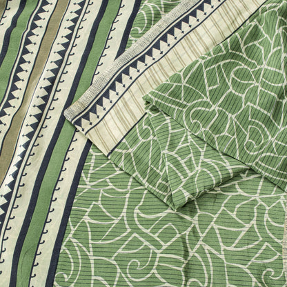 Sanskriti Vintage Saree Green Pure Crepe Silk Abstract Print Sari 6 Yd Fabric