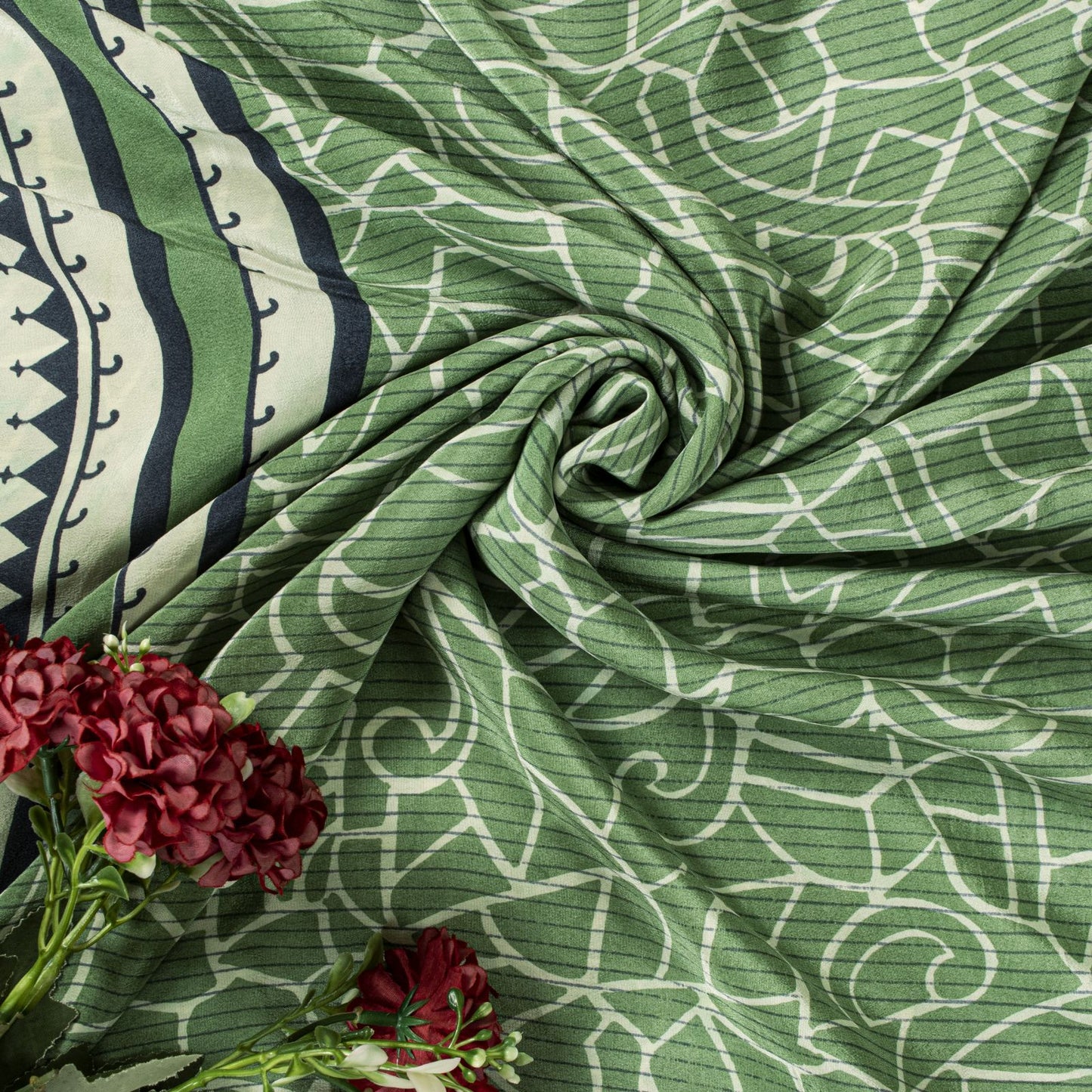 Sanskriti Vintage Saree Green Pure Crepe Silk Abstract Print Sari 6 Yd Fabric