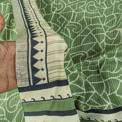 Sanskriti Vintage Saree Green Pure Crepe Silk Abstract Print Sari 6 Yd Fabric