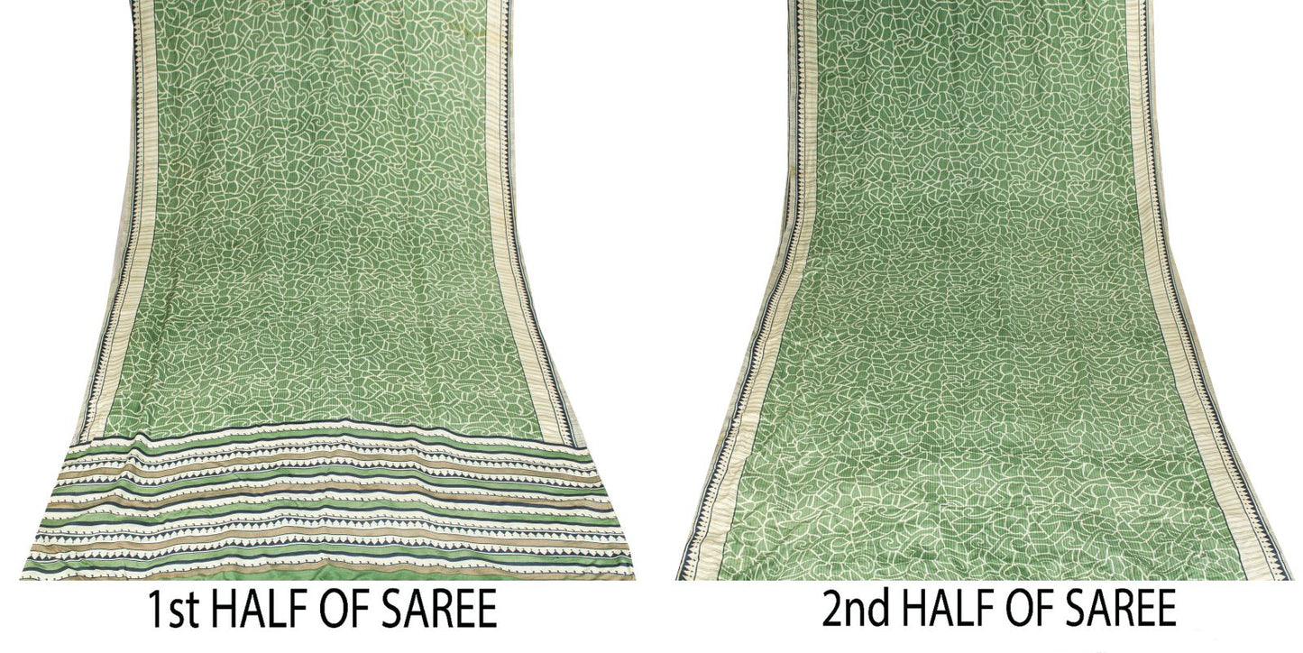 Sanskriti Vintage Saree Green Pure Crepe Silk Abstract Print Sari 6 Yd Fabric