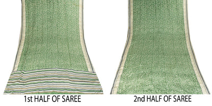 Sanskriti Vintage Saree Green Pure Crepe Silk Abstract Print Sari 6 Yd Fabric