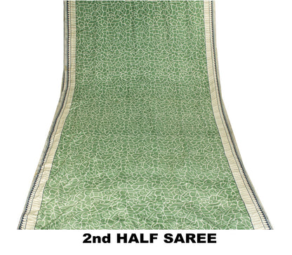 Sanskriti Vintage Saree Green Pure Crepe Silk Abstract Print Sari 6 Yd Fabric