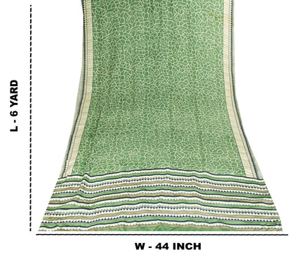 Sanskriti Vintage Saree Green Pure Crepe Silk Abstract Print Sari 6 Yd Fabric