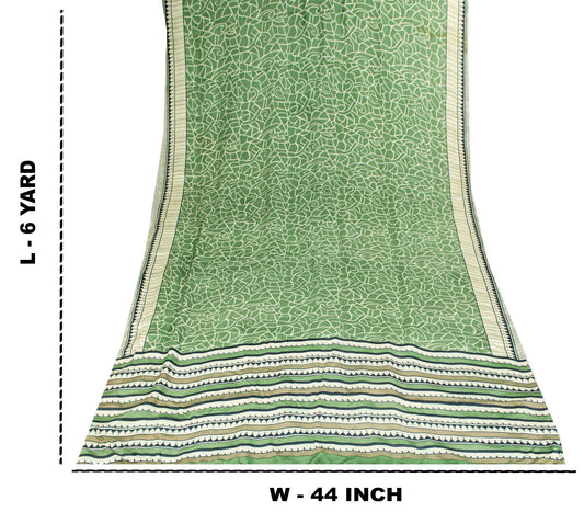 Sanskriti Vintage Saree Green Pure Crepe Silk Abstract Print Sari 6 Yd Fabric