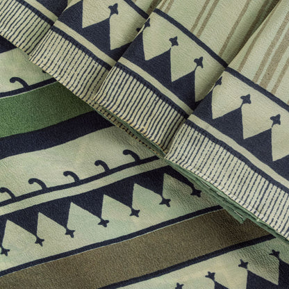 Sanskriti Vintage Saree Green Pure Crepe Silk Abstract Print Sari 6 Yd Fabric