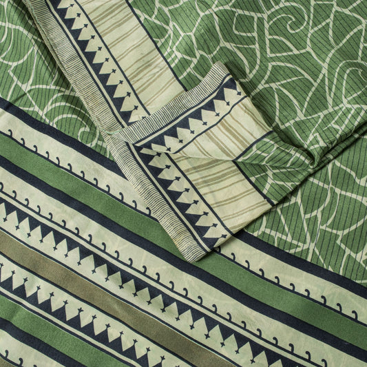 Sanskriti Vintage Saree Green Pure Crepe Silk Abstract Print Sari 6 Yd Fabric