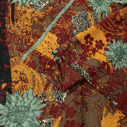 Sanskriti Vintage Saree Dark Red Pure Crepe Silk Floral Print Sari 5.5+Yd Fabric