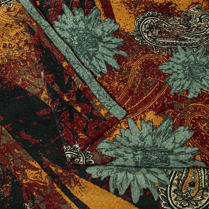 Sanskriti Vintage Saree Dark Red Pure Crepe Silk Floral Print Sari 5.5+Yd Fabric