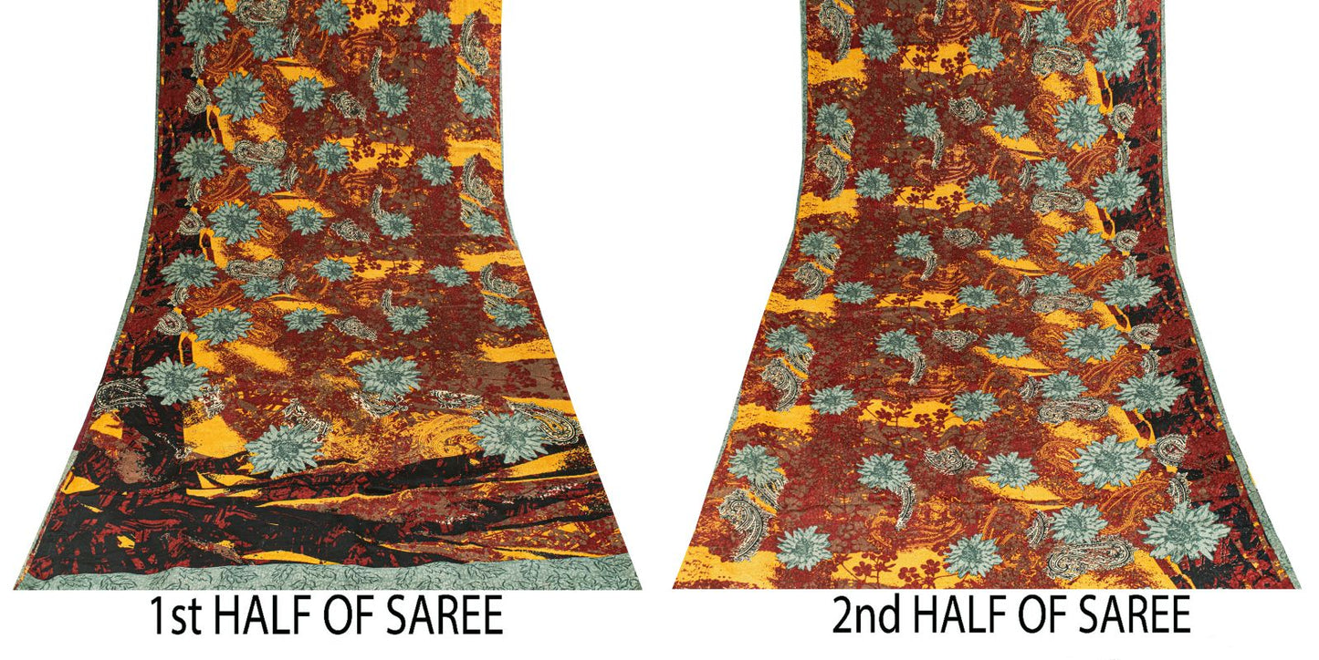 Sanskriti Vintage Saree Dark Red Pure Crepe Silk Floral Print Sari 5.5+Yd Fabric