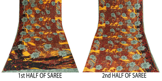 Sanskriti Vintage Saree Dark Red Pure Crepe Silk Floral Print Sari 5.5+Yd Fabric