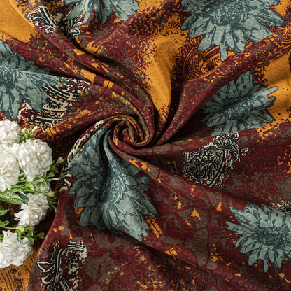 Sanskriti Vintage Saree Dark Red Pure Crepe Silk Floral Print Sari 5.5+Yd Fabric