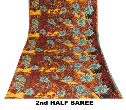 Sanskriti Vintage Saree Dark Red Pure Crepe Silk Floral Print Sari 5.5+Yd Fabric