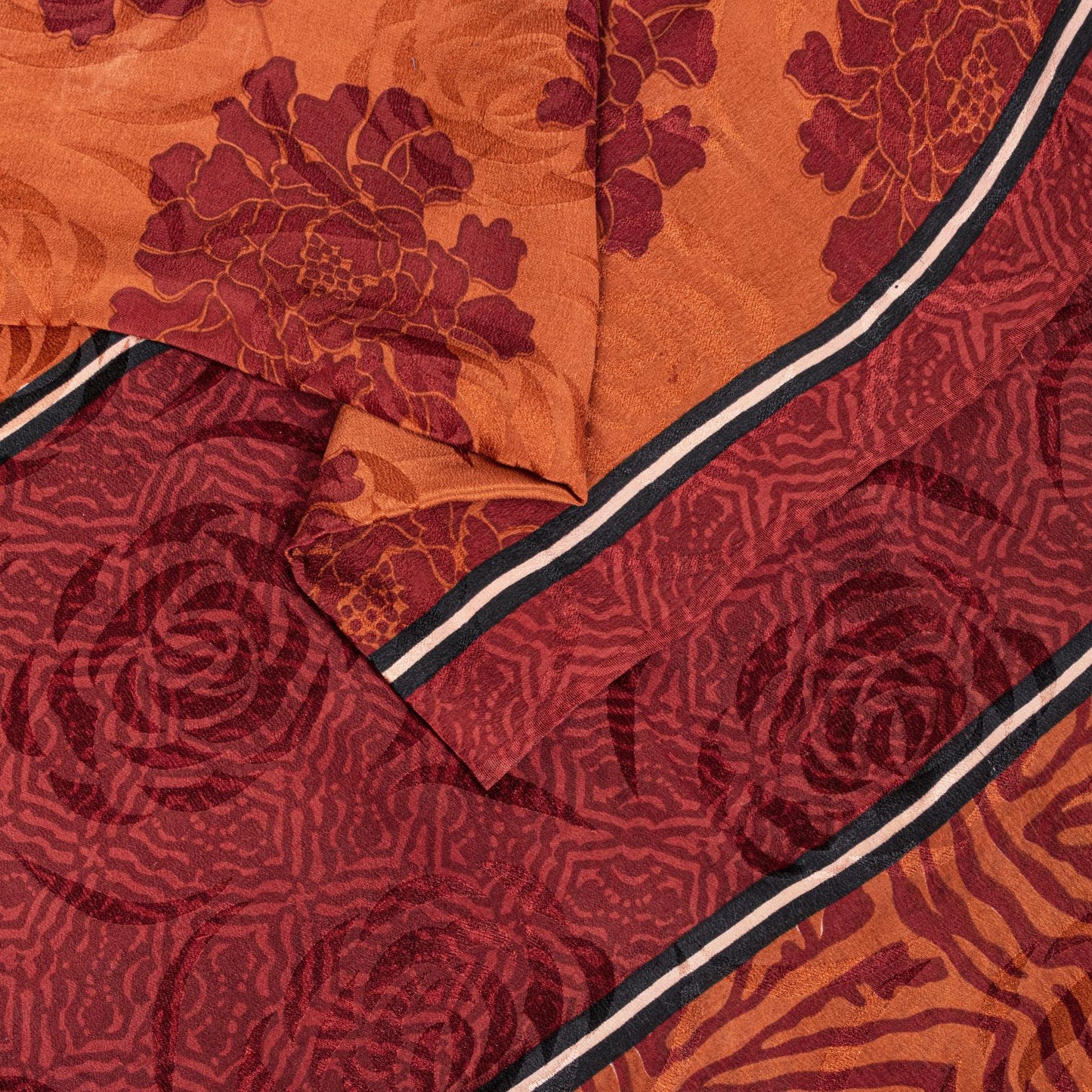 Sanskriti Vintage Saree Brown Pure Crepe Silk Floral Printed Sari 5.5+Yd Fabric