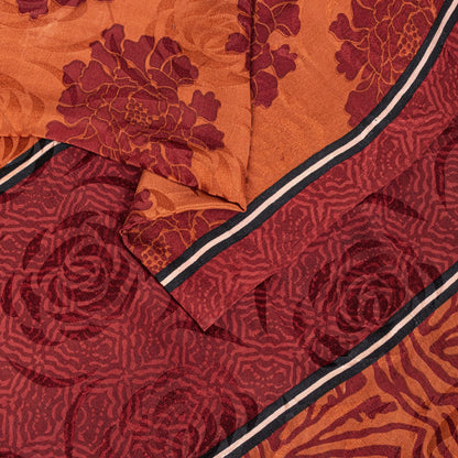 Sanskriti Vintage Saree Brown Pure Crepe Silk Floral Printed Sari 5.5+Yd Fabric