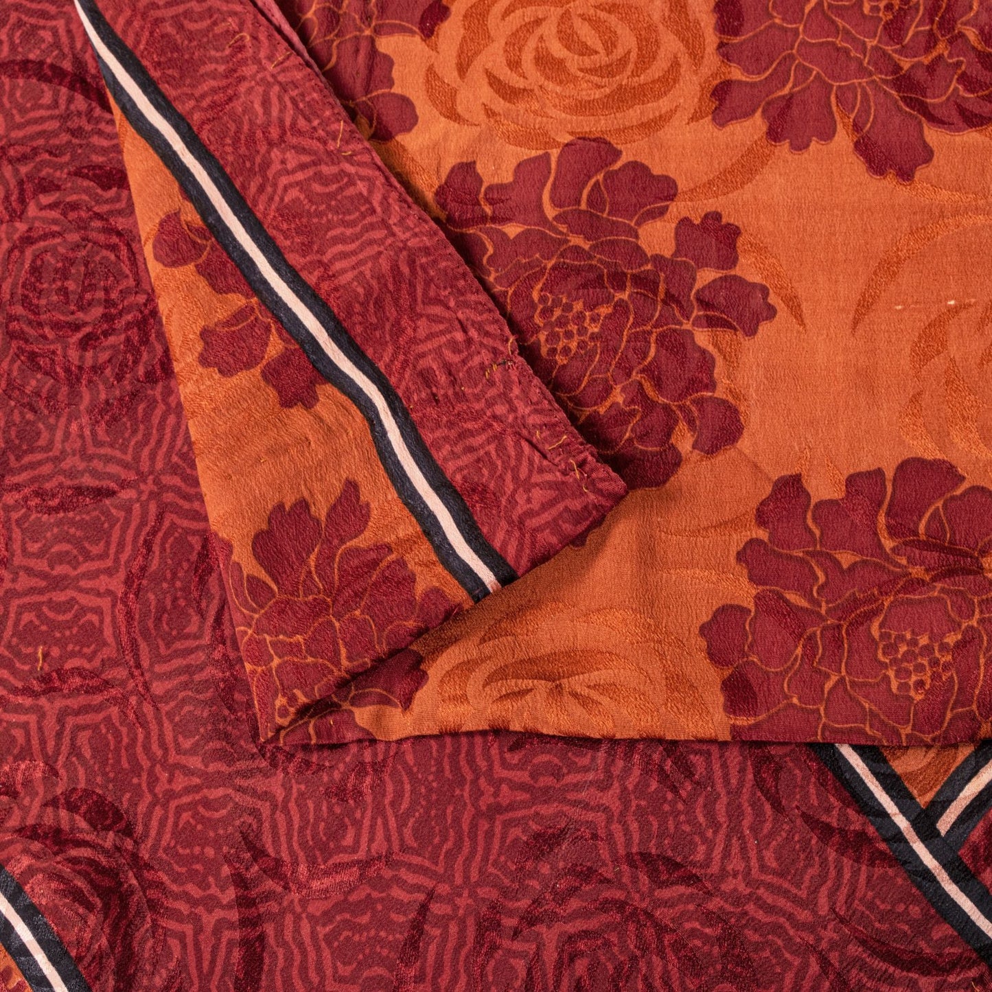 Sanskriti Vintage Saree Brown Pure Crepe Silk Floral Printed Sari 5.5+Yd Fabric