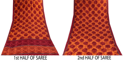 Sanskriti Vintage Saree Brown Pure Crepe Silk Floral Printed Sari 5.5+Yd Fabric