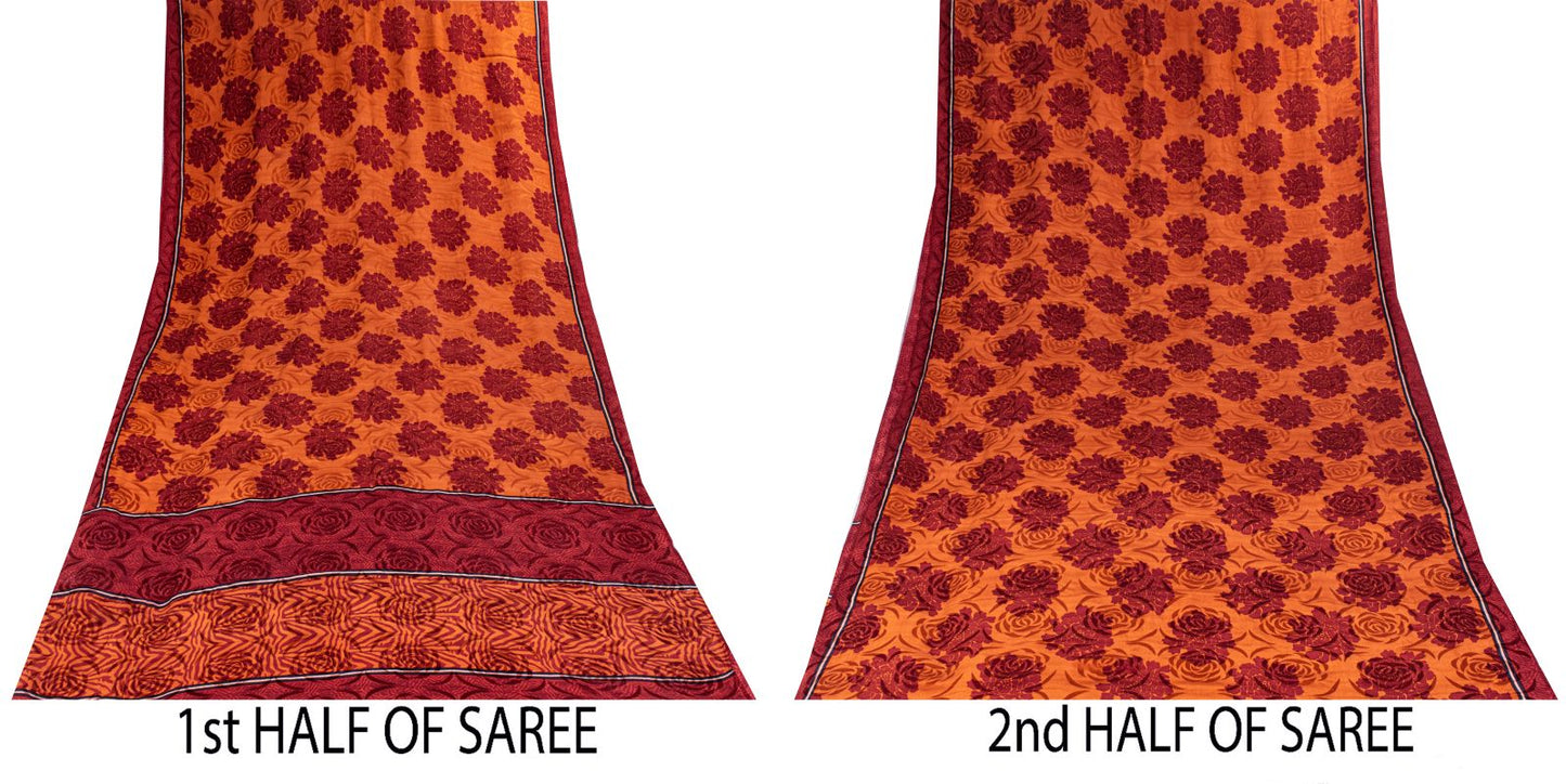 Sanskriti Vintage Saree Brown Pure Crepe Silk Floral Printed Sari 5.5+Yd Fabric