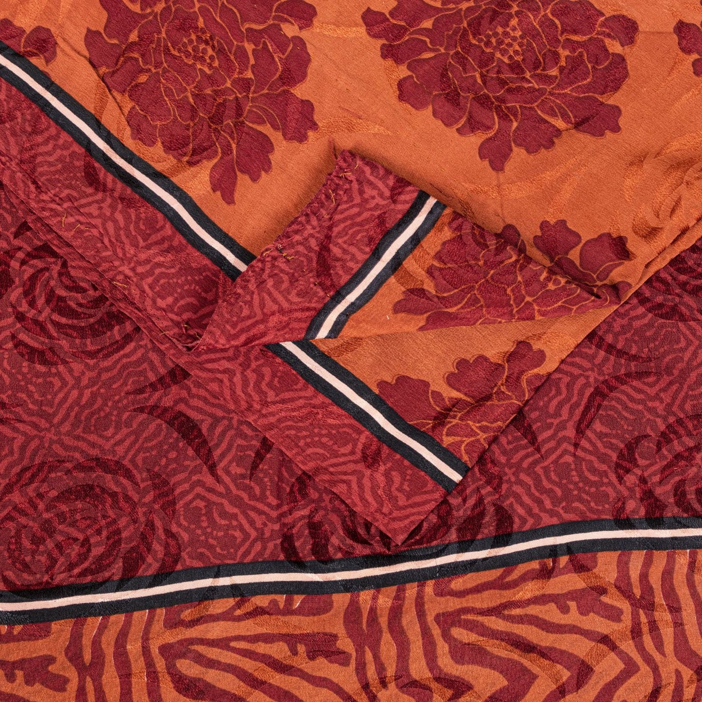 Sanskriti Vintage Saree Brown Pure Crepe Silk Floral Printed Sari 5.5+Yd Fabric