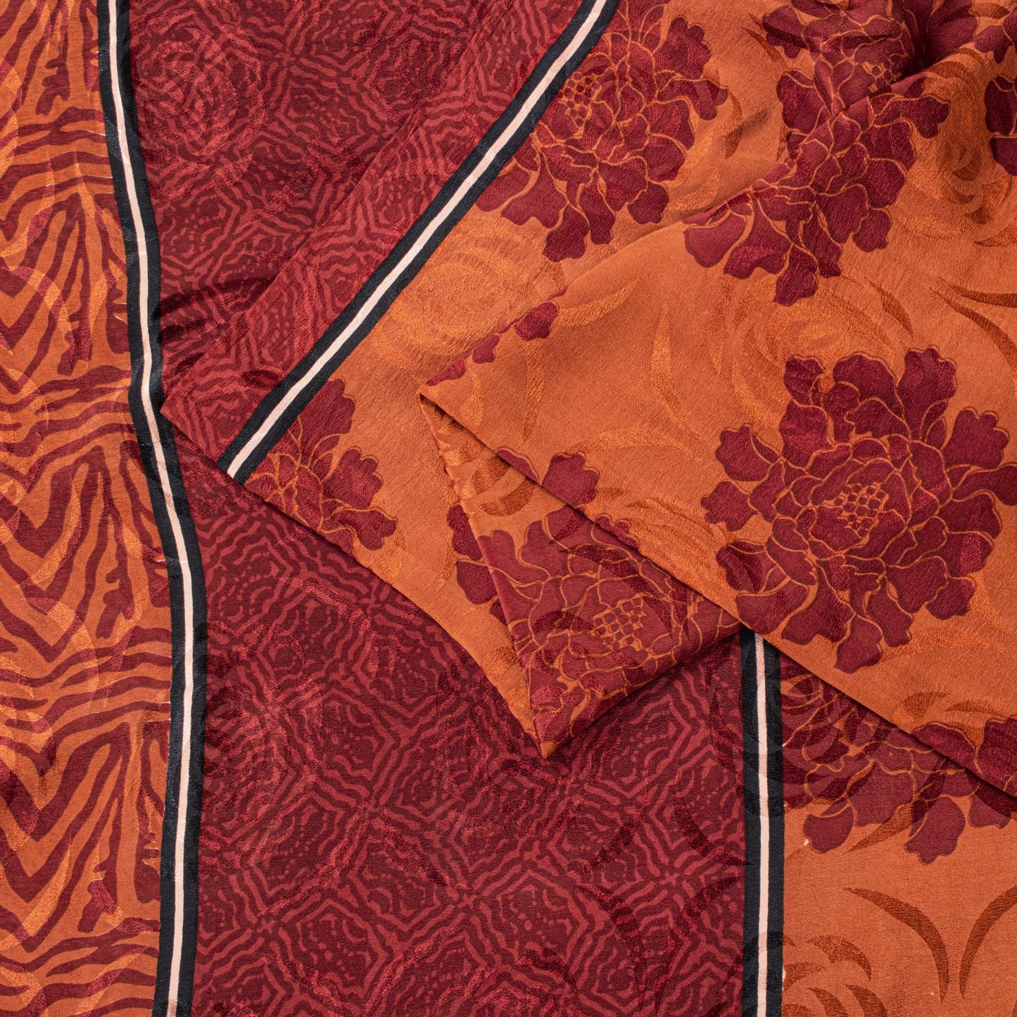 Sanskriti Vintage Saree Brown Pure Crepe Silk Floral Printed Sari 5.5+Yd Fabric