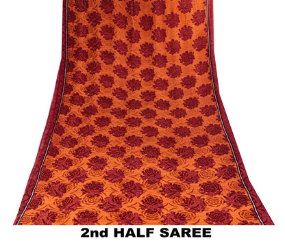 Sanskriti Vintage Saree Brown Pure Crepe Silk Floral Printed Sari 5.5+Yd Fabric