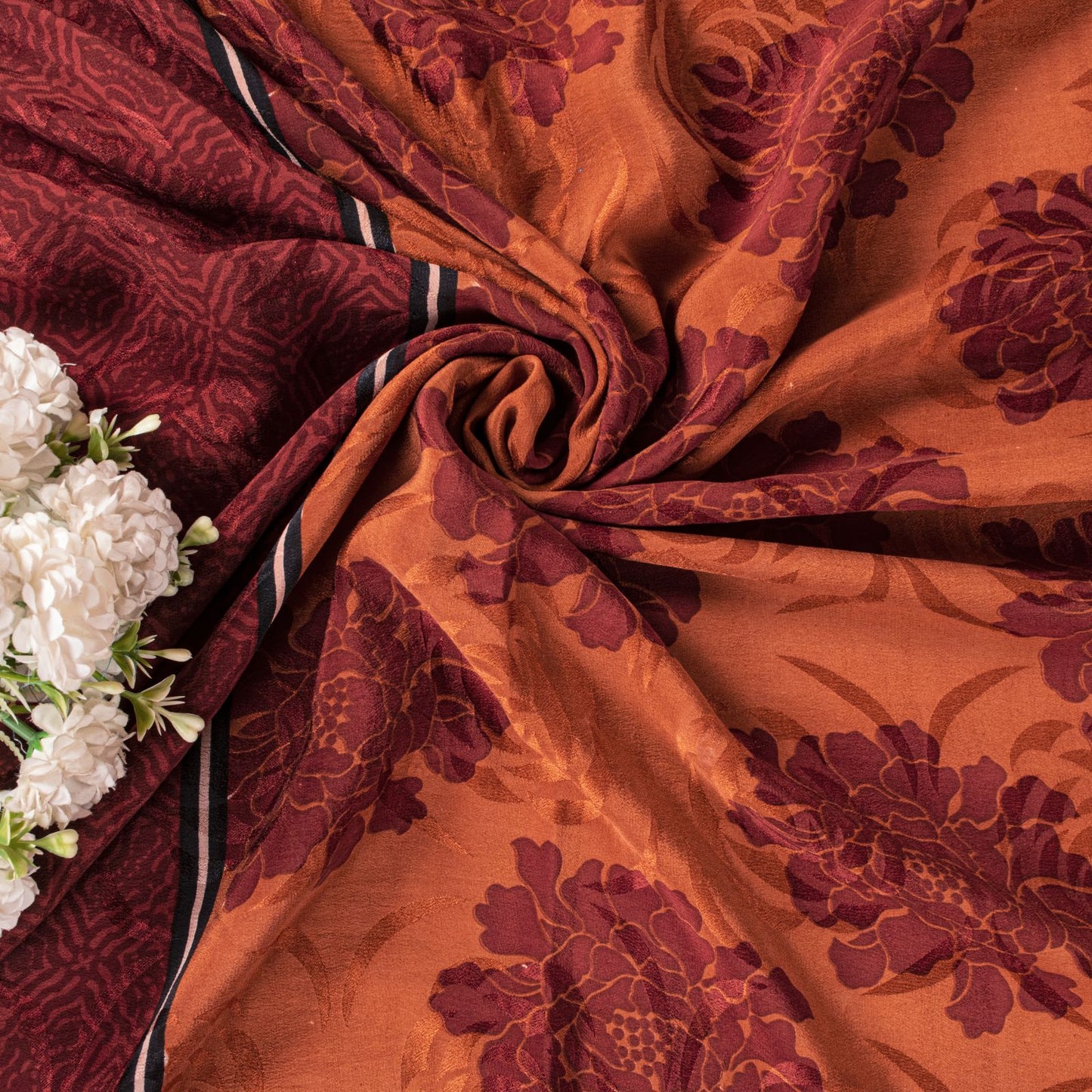 Sanskriti Vintage Saree Brown Pure Crepe Silk Floral Printed Sari 5.5+Yd Fabric
