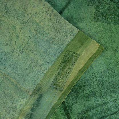 Sanskriti Vintage Saree Green 100%Pure Crepe Hand Block Printed Sari 6+Yd Fabric