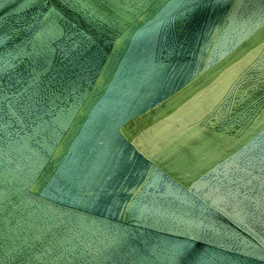 Sanskriti Vintage Saree Green 100%Pure Crepe Hand Block Printed Sari 6+Yd Fabric