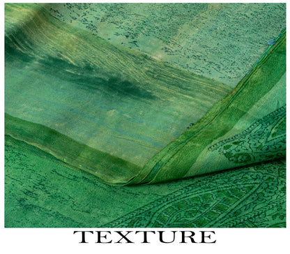 Sanskriti Vintage Saree Green 100%Pure Crepe Hand Block Printed Sari 6+Yd Fabric