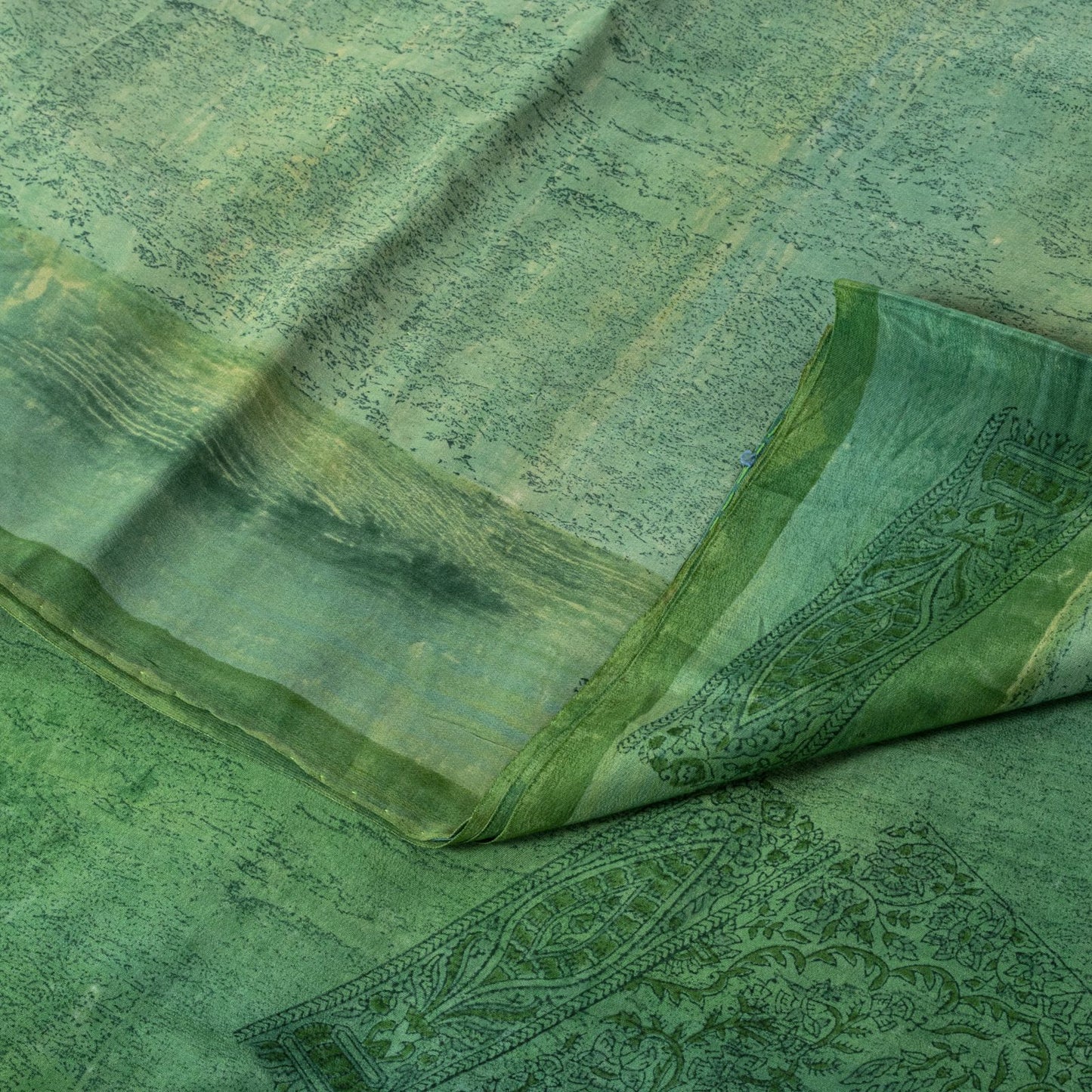 Sanskriti Vintage Saree Green 100%Pure Crepe Hand Block Printed Sari 6+Yd Fabric
