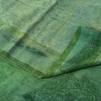 Sanskriti Vintage Saree Green 100%Pure Crepe Hand Block Printed Sari 6+Yd Fabric